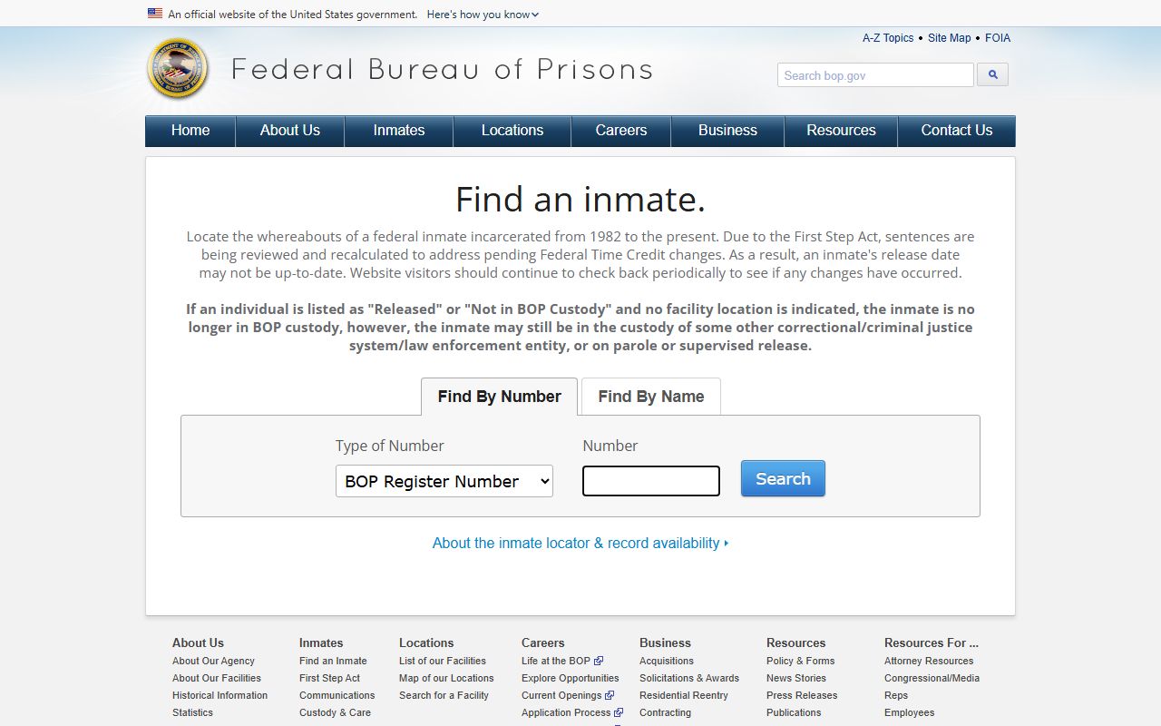 Federal BOP locator for custody records, not Thurston County mugshots