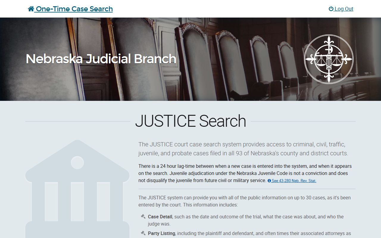 Nebraska JUSTICE one-time search for Thurston County court records after arrest