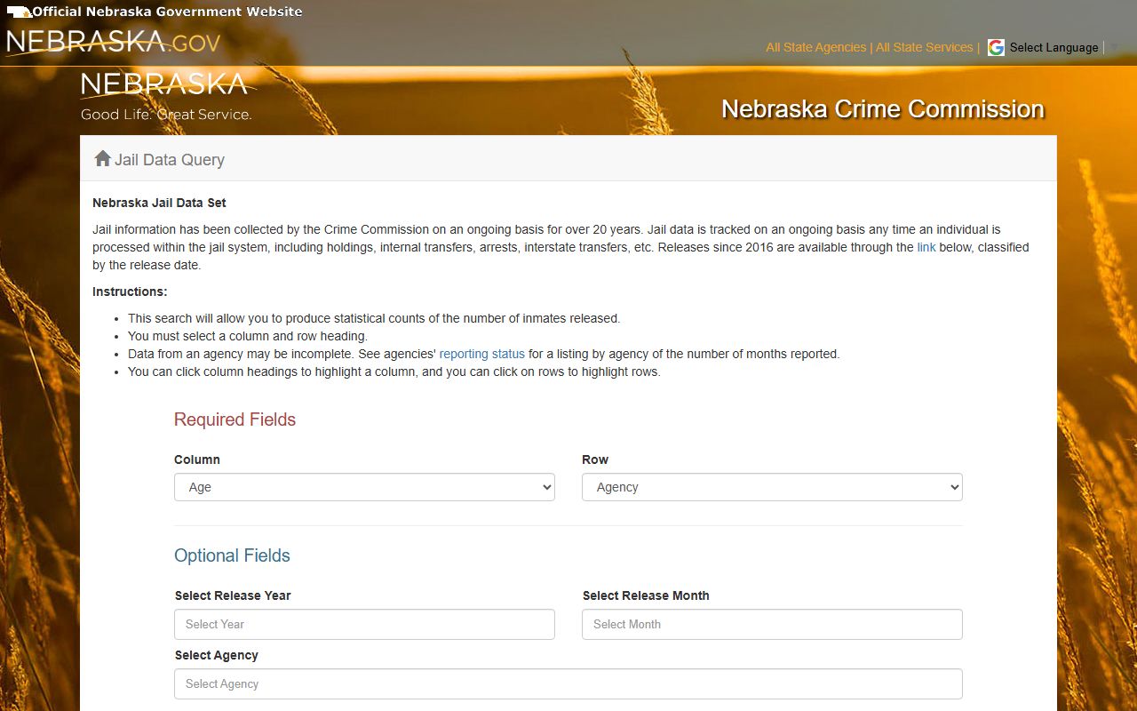 Nebraska Crime Commission jail data query for Thurston County inmate population statistics