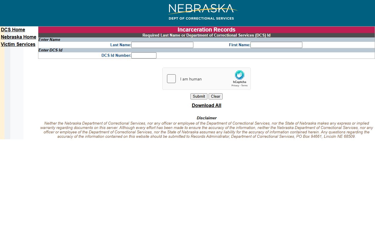 NDCS inmate search fields for Thurston County sentenced prisoners